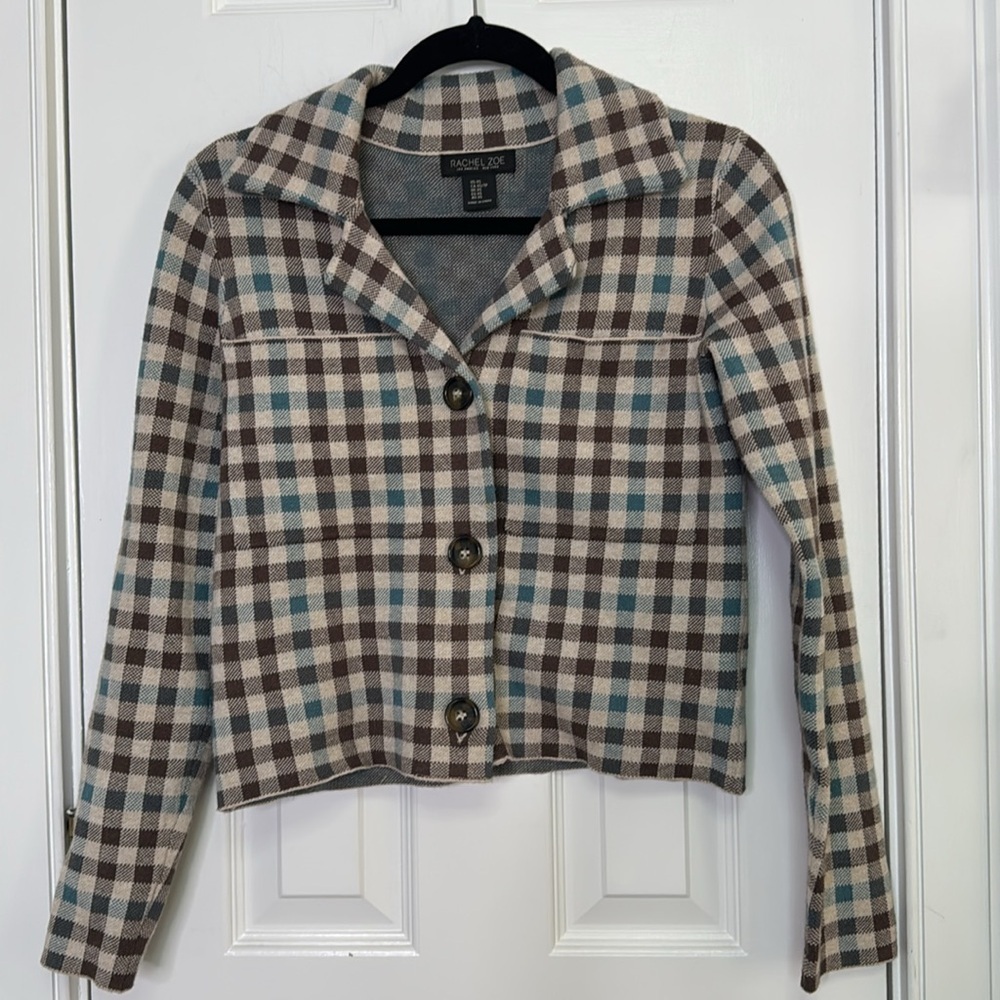 Rachel Zoe Plaid Jacket - Brown, Blue, Cream - Picture 2 of 7
